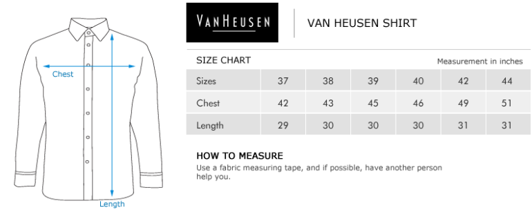 van heusen size chart women's